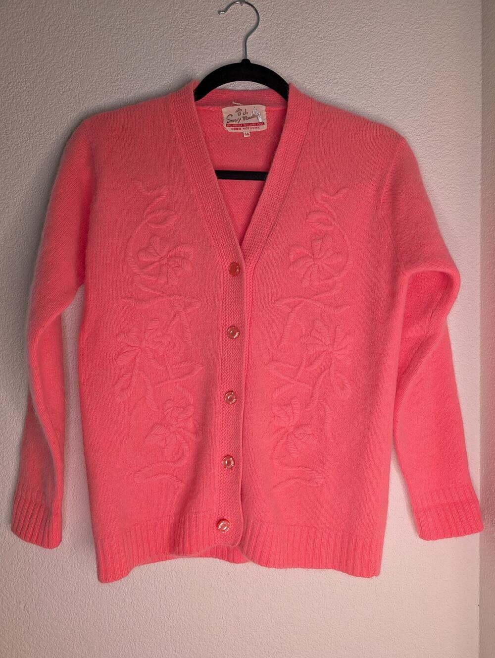 VTG Angora Lambswool Women's Cardigan 34/S Pink Embroidered Coquette Floral Soft